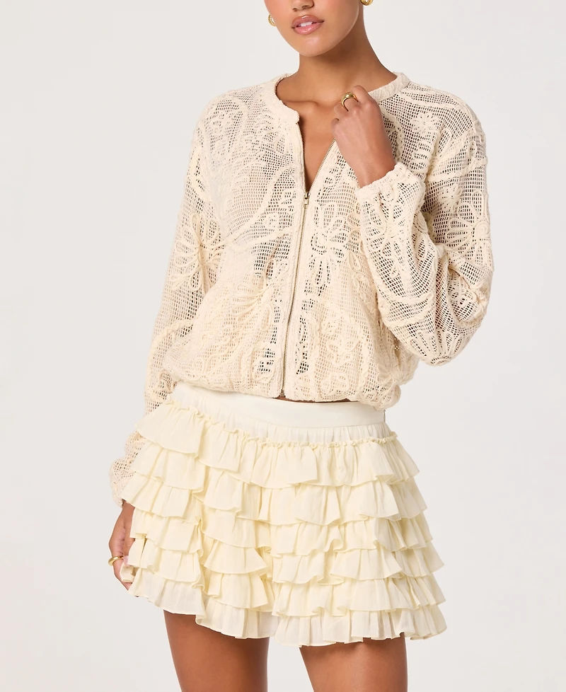 Astr the Label Women's Aeva Round Neck Long-Sleeve Crochet Bomber Jacket
