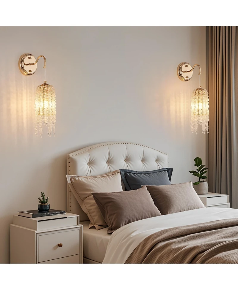 Midola Set of 2 Frame and Cascading Crystal Bead String Wall Sconces, E12 Bulb Socket, Elegant Hanging Light Fixture for Living Room, Bedroom, Hallway
