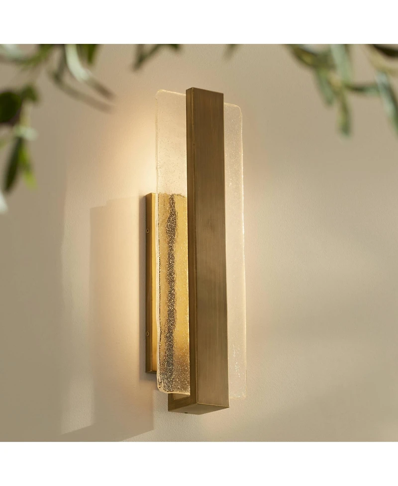 Possini Euro Design Cascadia 18inch High Modern Outdoor Wall Light Fixture Mount Porch Led Bulb Gold Brass Finish Piastra Glass Shade