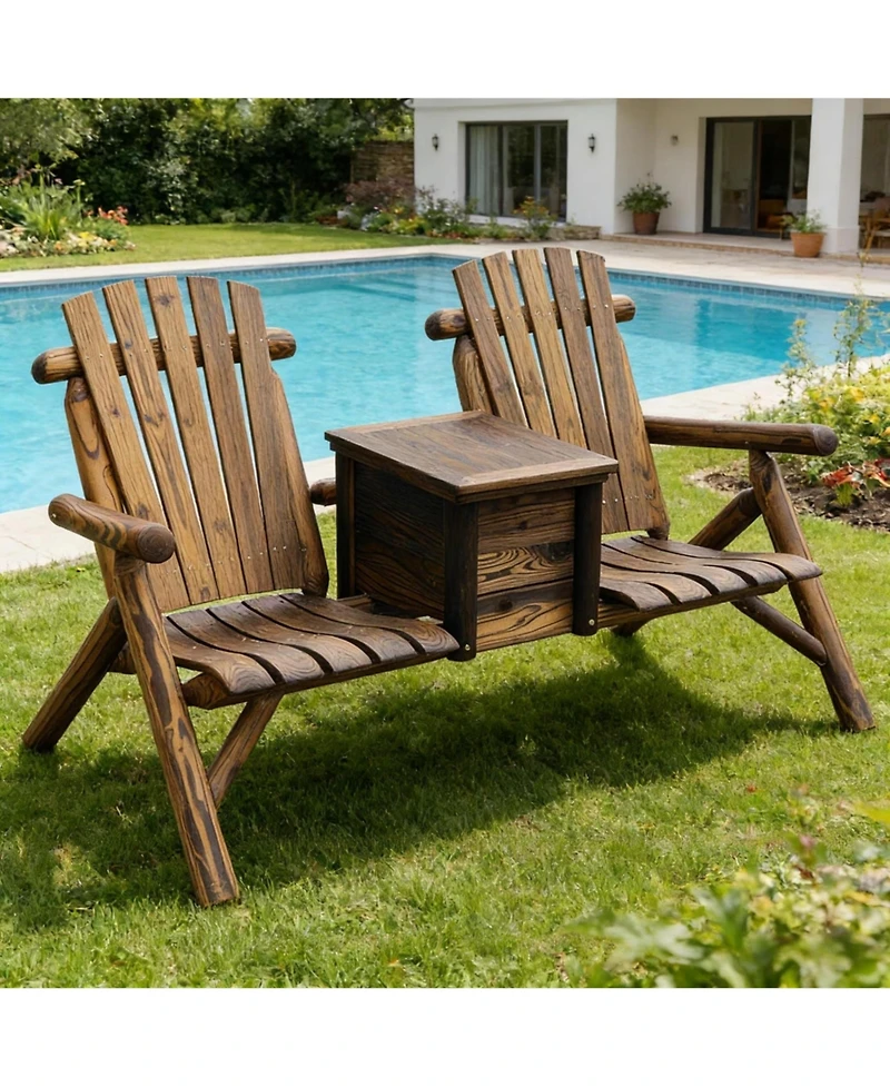Yiortwo Double Adirondack Loveseat with Built-In Ice Bucket Table, Wooden Patio Chair