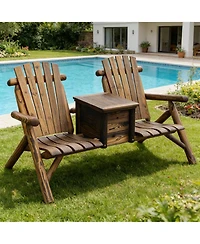 Yiortwo Double Adirondack Loveseat with Built-In Ice Bucket Table, Wooden Patio Chair