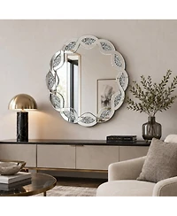 Phying Modern Wave Frame Round Wall Mirror 31.5 Inch Crush Diamond Decorative Mirror Heavy Duty Frame with Hangers for Living Room Bathroom Bedroom