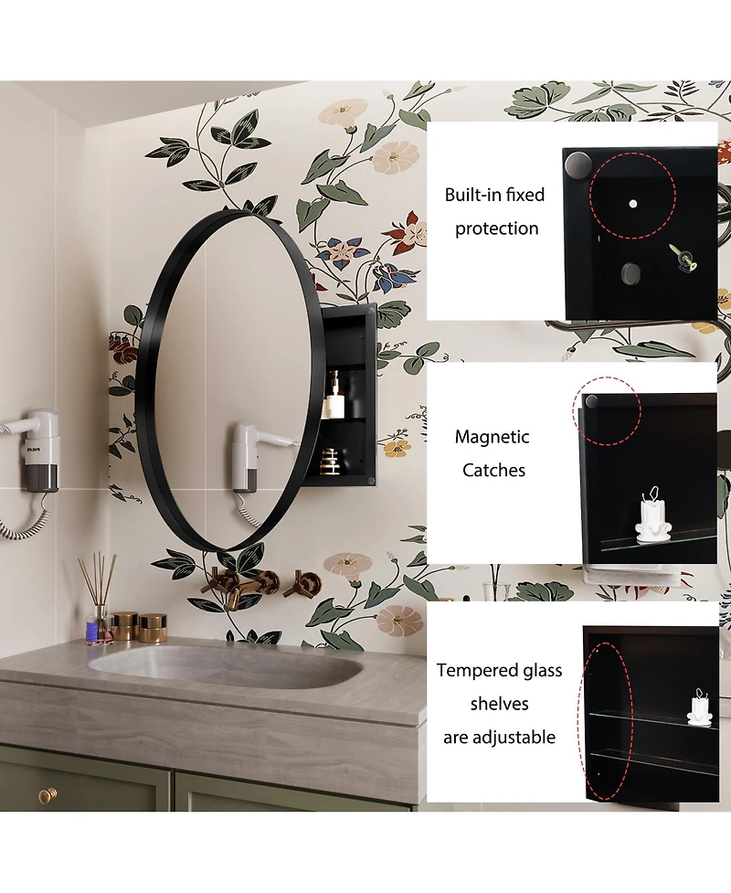 Phying 31.5 Inch Round Medicine Cabinet Surface Mount Metal Framed Wall Mirror with Adjustable Shelves Bathroom Storage Mirror Cabinet