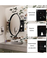 Phying 31.5 Inch Round Medicine Cabinet Surface Mount Metal Framed Wall Mirror with Adjustable Shelves Bathroom Storage Mirror Cabinet