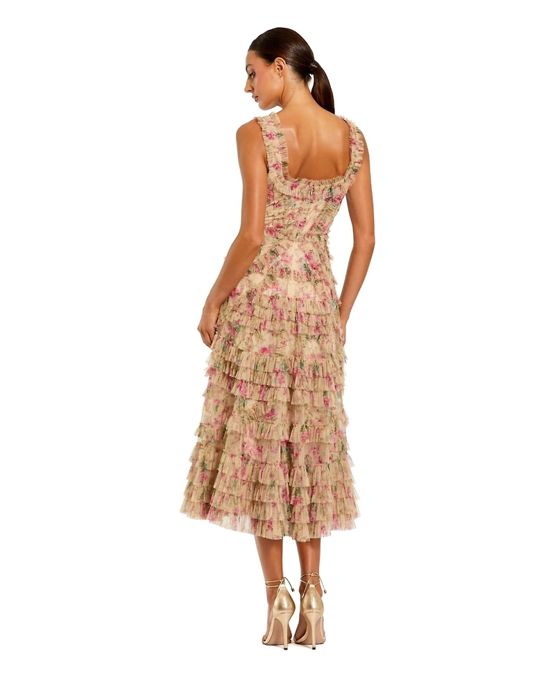 Mac Duggal Women's Floral Printed Sleeveless Ruffle Midi Dress