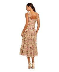 Mac Duggal Women's Floral Printed Sleeveless Ruffle Midi Dress