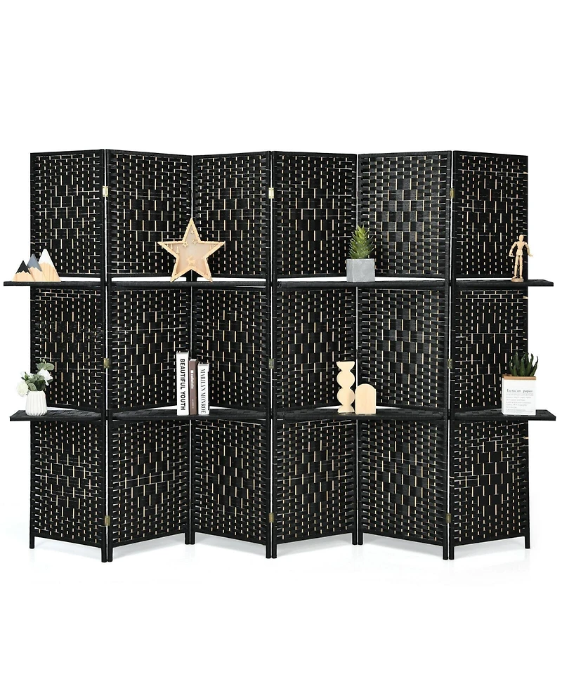 sumyeg 6-Panel Folding Fiber Room Divider with 2 Display Shelves for Indoor Use