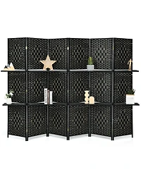 sumyeg 6-Panel Folding Fiber Room Divider with 2 Display Shelves for Indoor Use