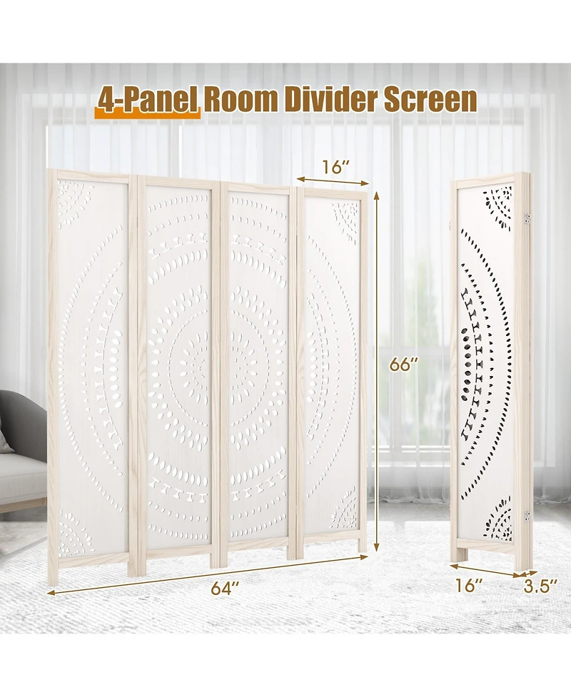 sumyeg 66-Inch Boho 4-Panel Room Divider Privacy Screen with Carved Pattern Design