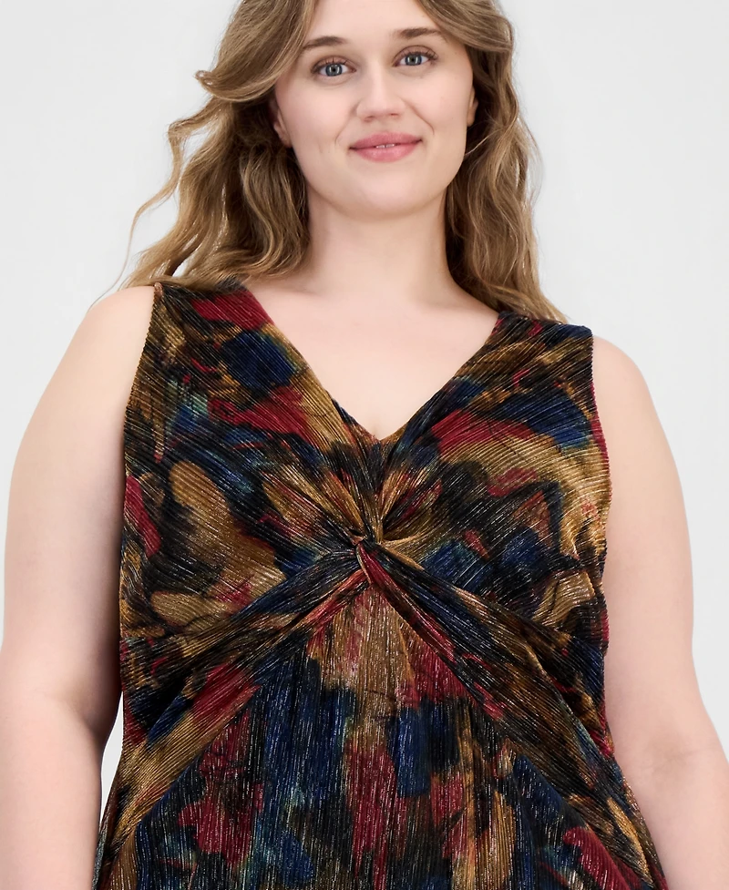 Connected Plus Metallic-Print Twist-Front Sleeveless Dress