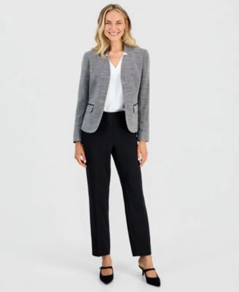 Kasper Womens Cutout Collar Long Sleeve Tweed Jacket Pleat Neck Sleeveless Blouse Ava Straight Leg Zip Pocket Pants