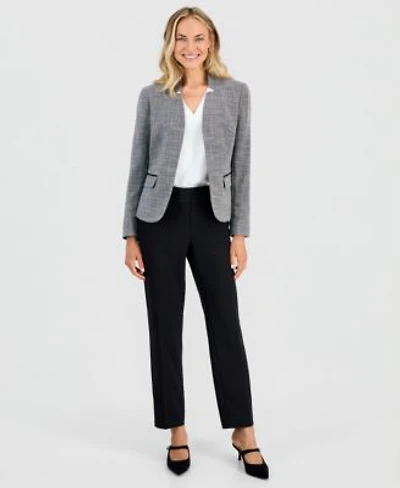 Kasper Womens Cutout Collar Long Sleeve Tweed Jacket Pleat Neck Sleeveless Blouse Ava Straight Leg Zip Pocket Pants