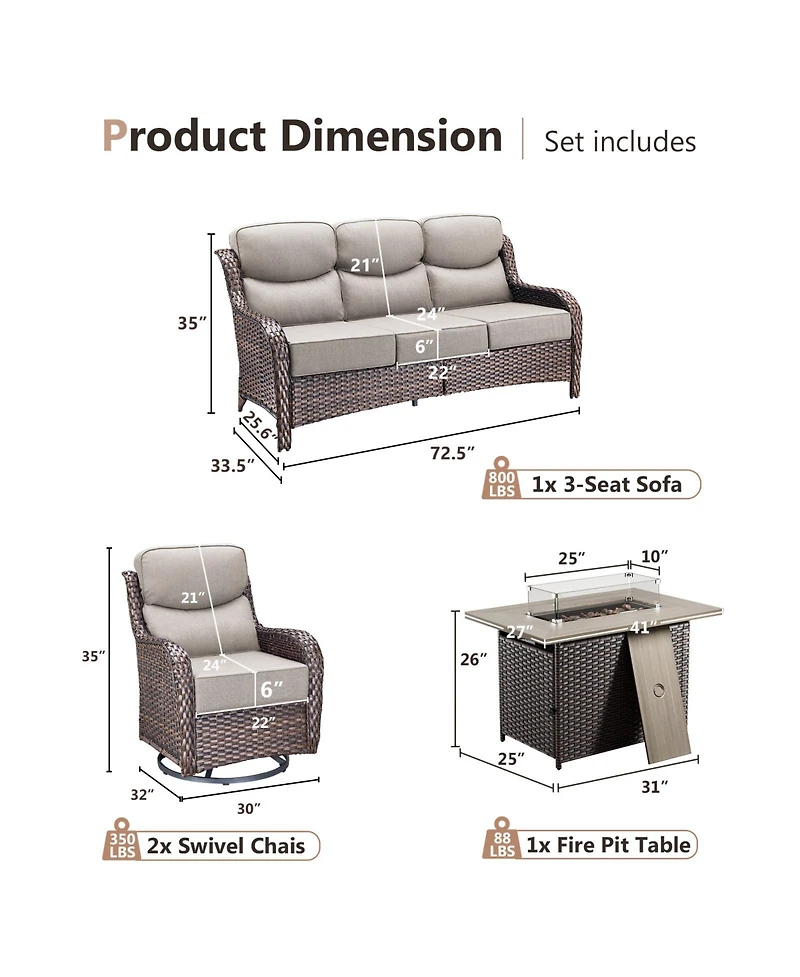 Pocassy 6-Piece Patio Set with High Back Swivel Chairs, 6 Cushions, Fire Pit Table, and Ottomans