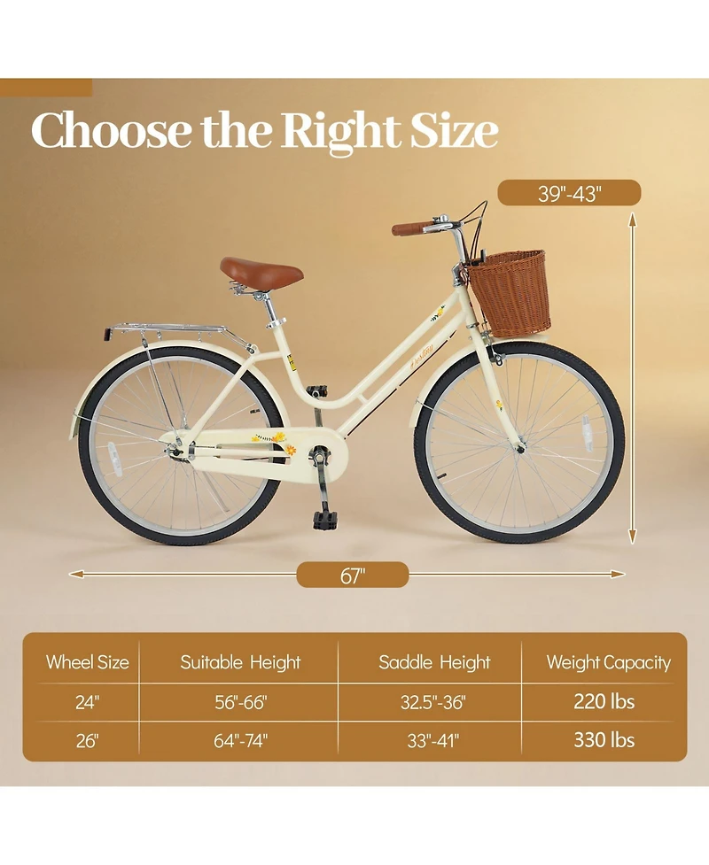 Gymax Beach Cruiser Bike w/Adjustable Seat Woven Basket and Rear Rack