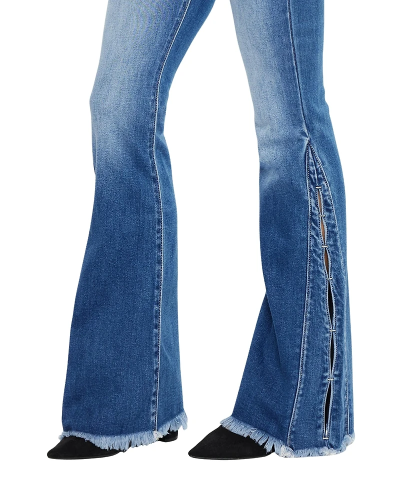 KanCan Women's Rila High Rise Flare Frayed Hem Jeans