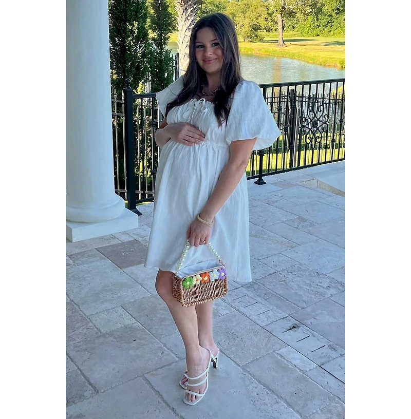 Pinkblush Maternity White Textured Bubble Sleeve Mini Dress