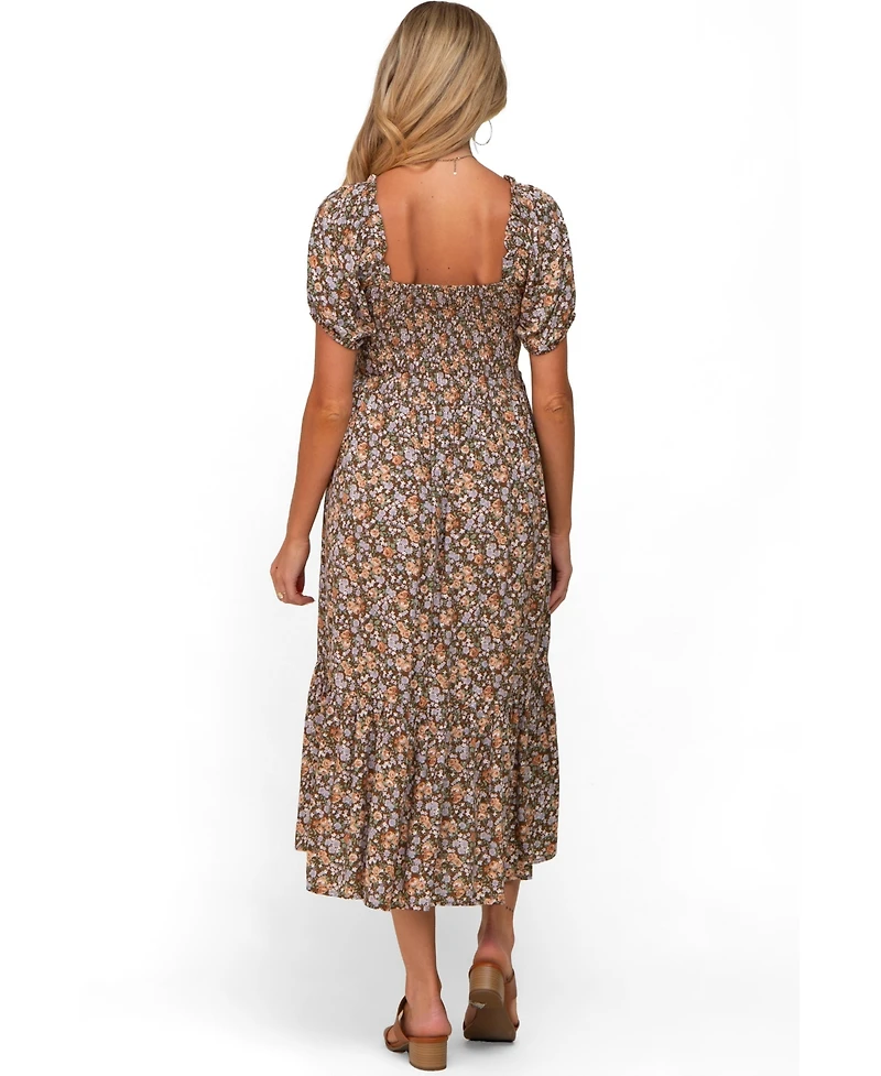 Pinkblush Maternity Taupe Floral Smocked Puff Sleeve Midi Dress