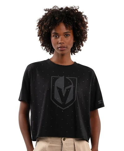 Starter Women's Black Vegas Golden Knights Rhinestone Sprinkle Boxy Cropped T-Shirt