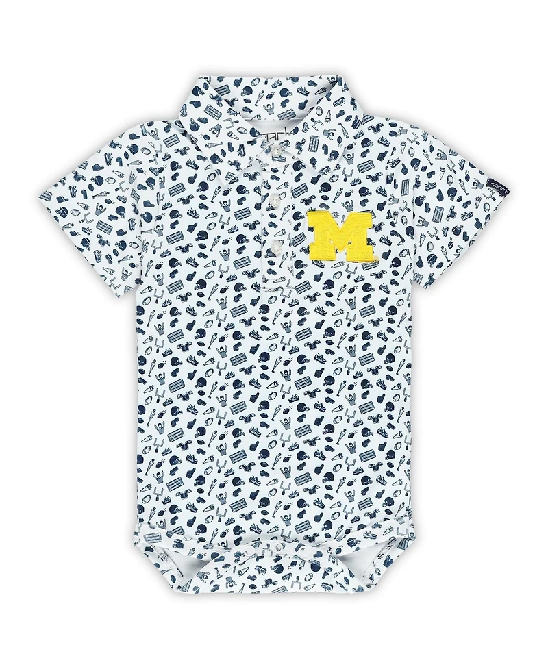 Garb Baby Boys and Girls White Michigan Wolverines Tom Allover Print Performance Polo Bodysuit