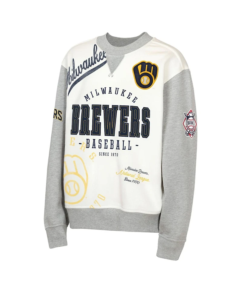 Outerstuff Big Boys and Girls Cream/Gray Milwaukee Brewers League Power Hit Fleece Sweatshirt