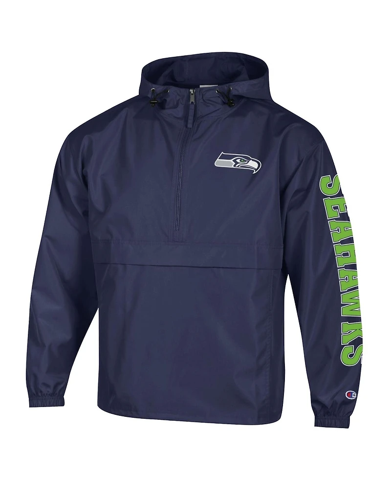 Champion Men's College Navy Seattle Seahawks Packable Hooded Windbreaker Half-Zip Jacket