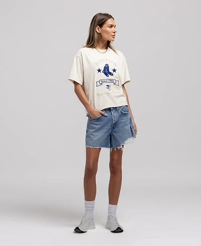 Mitchell & Ness Women's Cream Boston Red Sox Cooperstown Yacht Rock Boxy Cropped T-Shirt