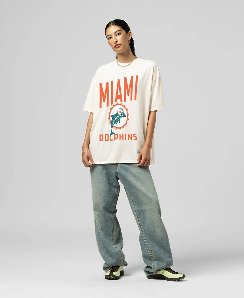 Mitchell & Ness Women's Cream Miami Dolphins Logo Rise Boyfriend T-Shirt