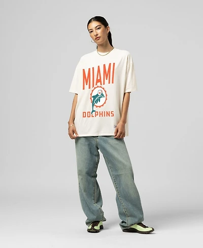 Mitchell & Ness Women's Cream Miami Dolphins Logo Rise Boyfriend T-Shirt