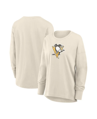 Fanatics Women's Cream Pittsburgh Penguins Distressed Logo Long Sleeve T-Shirt