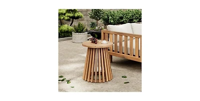 Flynama Outdoor Acacia Wood Conversation Set 2 Club Chairs with Side Table Brown Patina Finish Cream Cushion for Garden Patio Deck