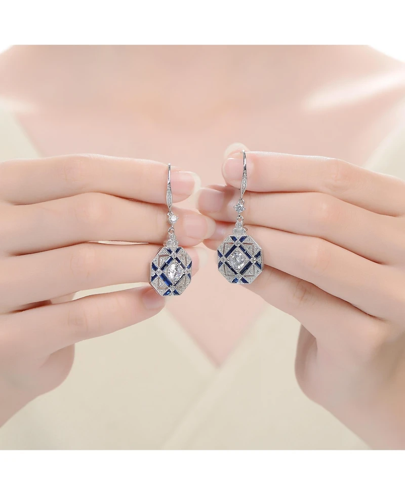Rachel Glauber White Gold Plated Geometric Cz Statement Drop Earrings