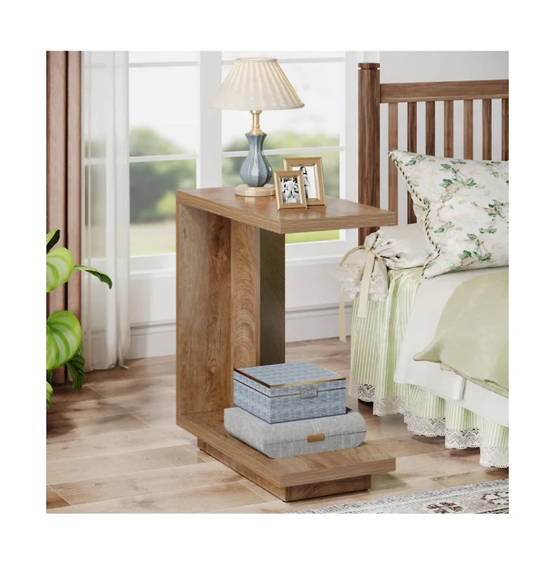 Slickblue Modern C Shaped End Table with Wooden Top for Sofa and Couch