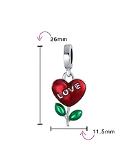 Bling Jewelry Love Grows Red Enamel Heart Dangle Flower Charm Bead .925 Sterling Silver Fits European Bracelet