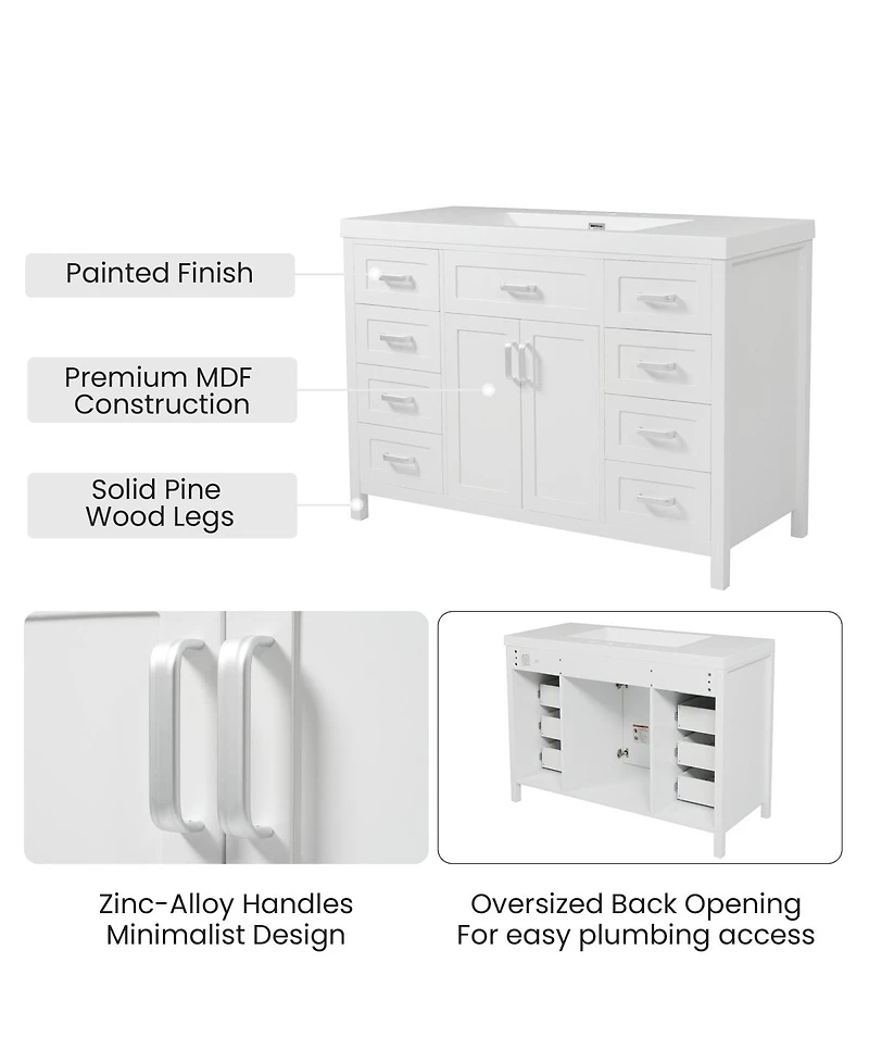Sillysis 47 Inch Bathroom Vanity Cabinet, Freestanding Storage with Soft Close Drawers, Solid Wood Base for Modern Bathroom