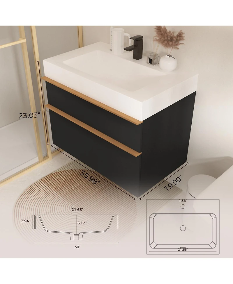 Sillysis Modern Wall Mounted Bathroom Vanity with Acrylic Sink, Dual-Tone Wood Handles, Soft Close Drawers
