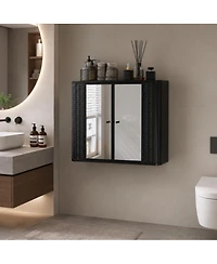 Phying Farmhouse Wall Mounted Mirror Cabinet Metal Frame Storage Organizer with 2 Mirrored Doors and Open Shelf for Bathroom Vanity Over Sink