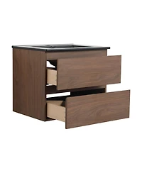 Sillysis 24 Inch Wall Mounted Bathroom Vanity with Ceramic Sink, Soft Close Drawers, Wood Grain Plywood for Modern Bathrooms