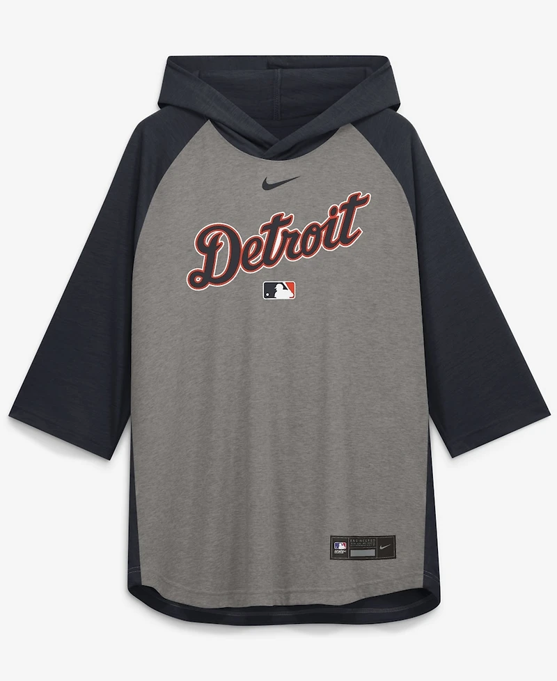 Nike Men's Gray Detroit Tigers Authentic Collection Flux Dri-fit Raglan 3/4-Sleeve Hooded T-Shirt