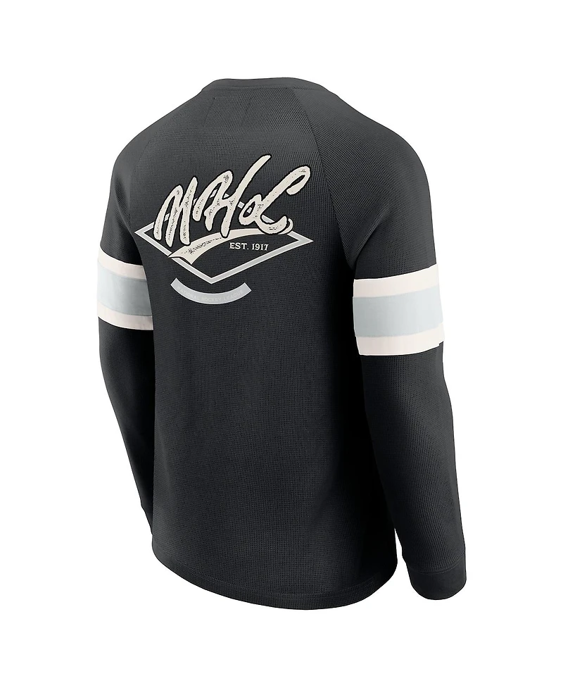 Fanatics Men's Black Nhl Waffle-Knit Raglan Long Sleeve Henley T-Shirt