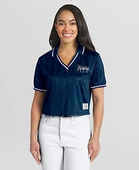 Wear by Erin Andrews Women's Navy New York Yankees Cropped V-Neck Polo Shirt