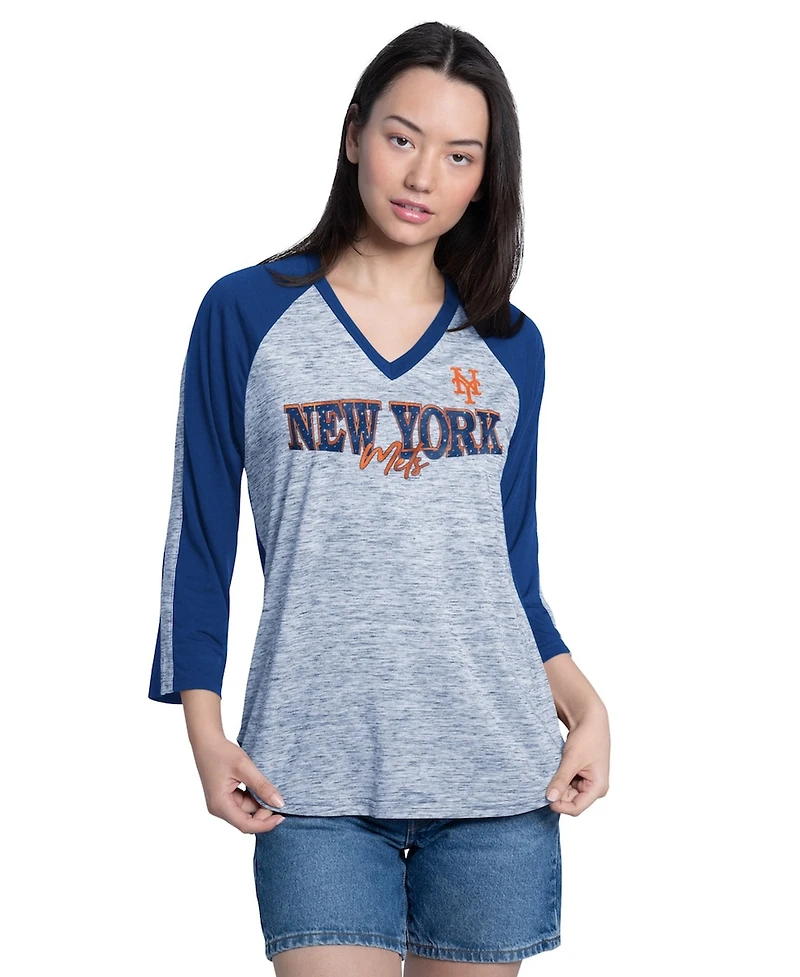 G-iii 4Her by Carl Banks Women's Royal/Heather Royal New York Mets Speed Training 3/4-Sleeve Rhinestone V-Neck T-Shirt