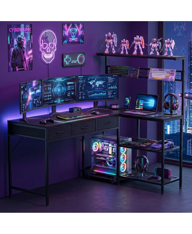 gaomon 50.4" L Shaped Computer Desk with Power Outlets and Led Lights, Reversible Home Office 3-Tier Storage Shelves Drawer