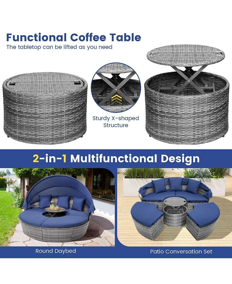 Gymax Outdoor Round Daybed with Retractable Canopy and Side Table Backyard Poolside Lawn