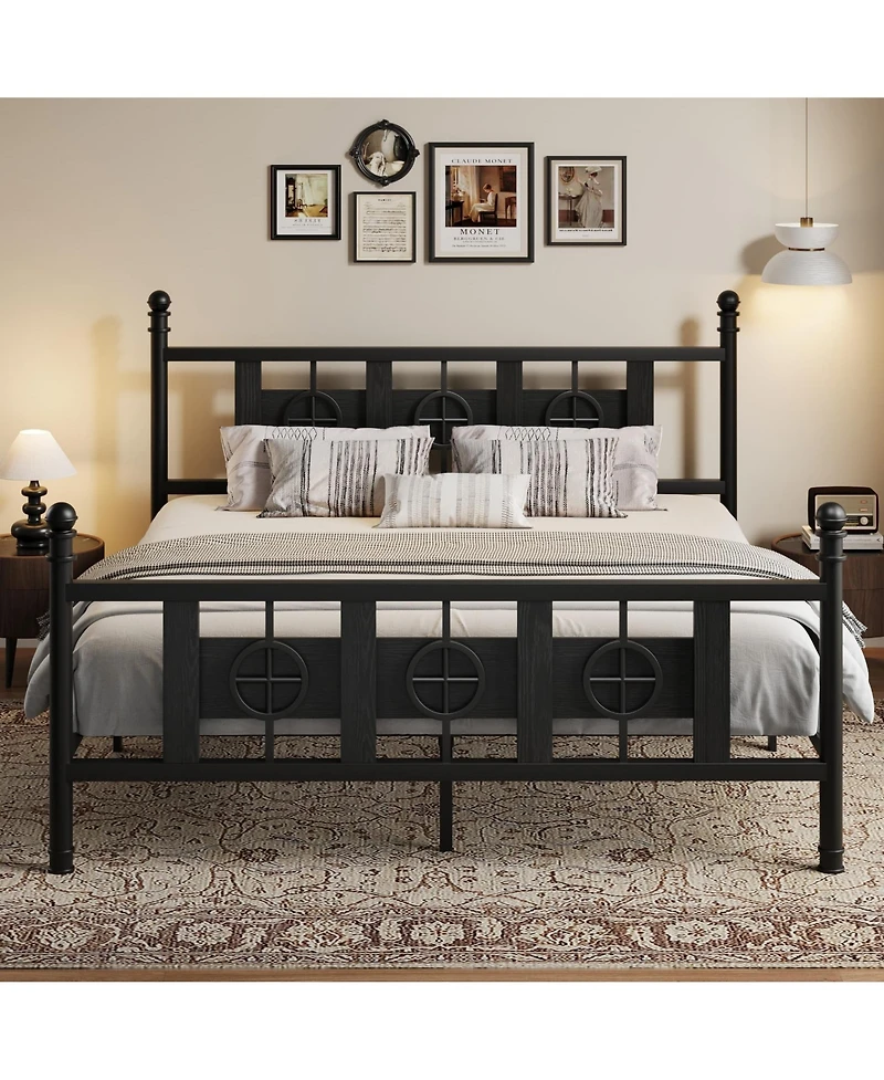 homfan Durable Metal Platform Bed Frame with Retro Circular Design, Headboard and Footboard Included, Underbed Storage Space