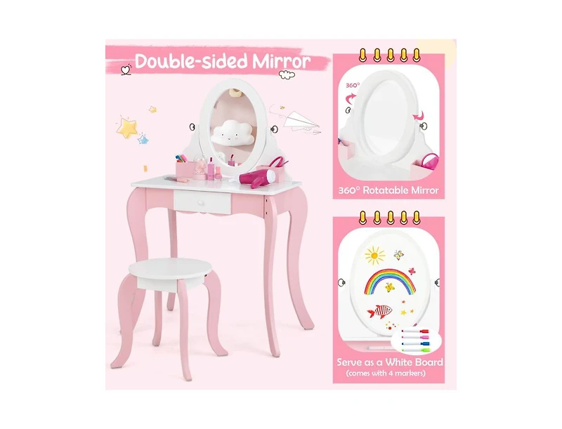 Slickblue Pretend Kids Vanity Set with 360° Rotatable Mirror and Play Accessories