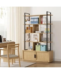gaomon 5 Tier Rattan Bookshelf with Storage Cabinet Industrial Style Open Shelf Bookcase for Home Living Space
