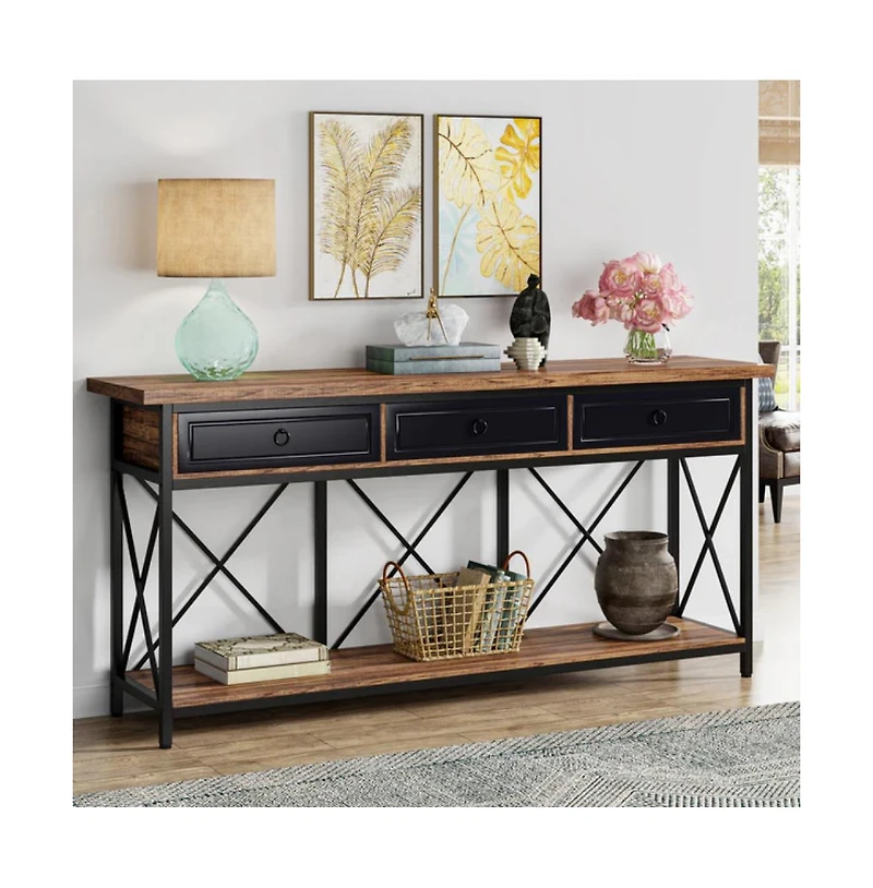 Slickblue Sofa Foyer Console Table with 3 Drawers and Open Storage Shelf for Home Organization