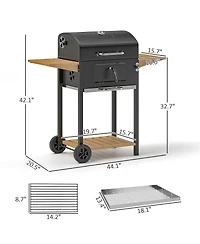 Asagikoiai Large Charcoal Bbq Grill with Thermometer, Wheels and Side Shelves