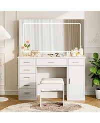 gaomon Vanity Desk with Large Led Mirror, 7 Drawers, Power Outlets, Usb Ports, Hair Dryer Holder, 3-Mode Lighting, Stool, Cabinet