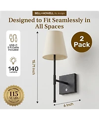 Bell + Howell Set of 2 Fabric Smooth Shade Dimmable Led Rechargeable Cordless Touch Control Lights Wall Sconces